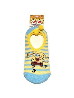 SpongeBob Fuzzy Ankle Socks Blue & Yellow Striped Cozy Nickelodeon New